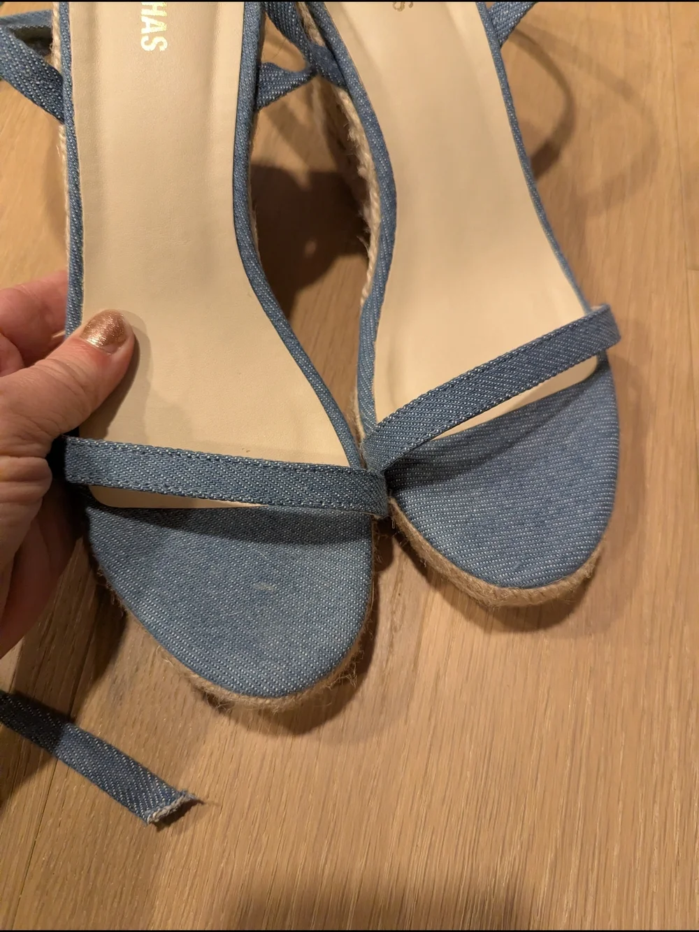 ALOHAS Blue Denim Wedge Espadrille Sandals with Lace-Up Ankle Tie